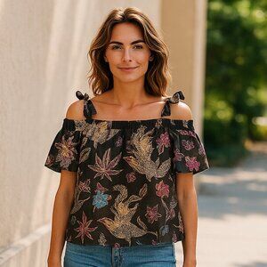 Sandro Exotic CRANE Foliage  Floral Crop Top  Birds Leaf Maximalist Whimsigoth